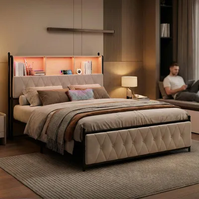 Produktbild von ProximaX Doppelbett 140x200cm, Beige Samt, Stauraum-Kopfteil, RGB-LED-Beleuchtung, 4 Schubladen, USB+Typ-C Ladeanschluss