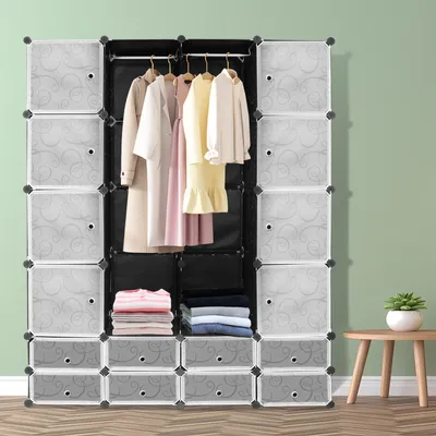 Produktbild von Jopassy DIY Regalsystem Kleiderschrank 16 Boxen+8 Schubladen Kunststoff Kleiderschrank Garderobenschrank 180x142x37cm Schwarz Mit Tür