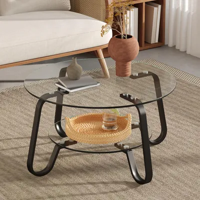 Produktbild von Schwarzer Couchtisch Glas rund modernes Industrial-Design 2-stufiger Glastisch mit Metallgestell eleganter Wohnzimmertisch aus Sicherheitsglas