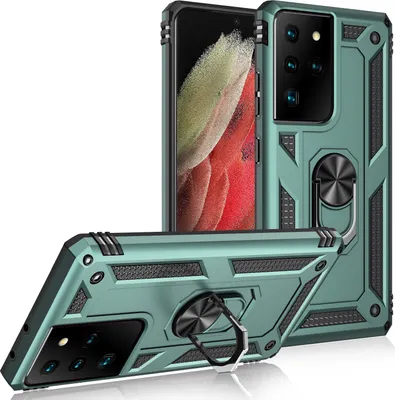 Produktbild von LaimTop Schutzhülle für Galaxy S21 Ultra 5G, Dual Layer Robust Militäre Fallschutz Hülle mit Ringhalterung Ständer Grün