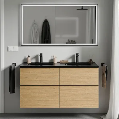 Produktbild von Waschtischunterschrank LAVOA 120 cm mit Doppelwaschbecken - Farbe wählbar, Farbe Badmöbel:Eiche Honiggold, Waschbecken:Schwarz matt, Metallgriff:Schwarz matt