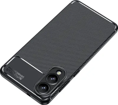 A black smartphone case with a carbon fiber texture is shown from a diagonal angle against a white background.