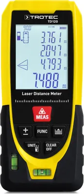 A yellow and black laser distance meter is shown against a white background.