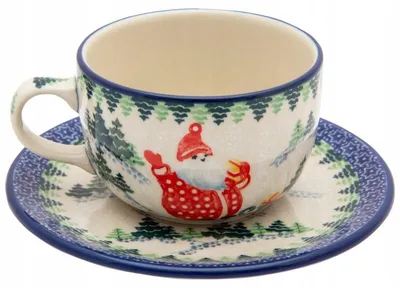 Produktbild von Bolesławiec Keramik Tasse 200 ml mit Untertasse Weihnachtsdekor