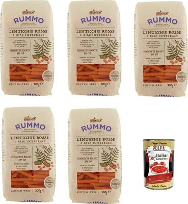 Produktbild von Rummo Lenticchie Rosse e Riso Integrale Pennette rigate N° 70, Rote Linsen und reis pasta, Gluten frei, gluten free 5x 300g + Italian Gourmet polpa 400g