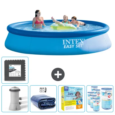 Produktbild von Intex runder aufblasbarer Easy Set-Schwimmpool – 396 x 84 cm – Blau – inklusive Pumpe Sonnensegel - Wartungspaket - Filter - Bodenfliesen