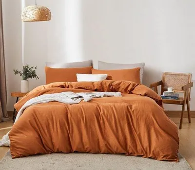 Obrázek produktu pro Sada povlečení Unyqoos® z dvojitého mušelinu, 135×200 cm + 80×80 cm, prodyšné, 85 % bavlna/15 % len, karamelová barva, skrytý zip, s rohovými páskami