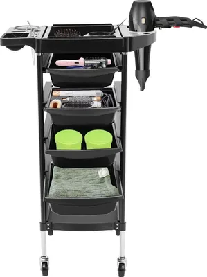 Obrázek produktu pro Kadeřnický vozík – salónní vozík – 6 úrovní – 4 kolečka – nosnost 30–50 kg – PP plast – 37 x 34 x 88 cm – černý