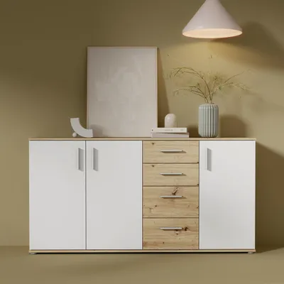 Produktbild von Forte IKOLI Kommode 160, moderne Kommode, 3-türig, 4 Schubladen, Wohn-/Schlafzimmer, Flur, Holzwerkstoff, Weiß mit Artisan Eiche Holzdekor, 159,2 cm breit x 81,7 cm hoch x 31,4 cm tief