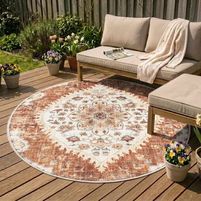 Produktbild von Volero - Vintage Gartenteppich Rund - Santo Mandala Terrakotta - Ø 120 cm - Balkon, Garten / Terrasse - Orientalisch