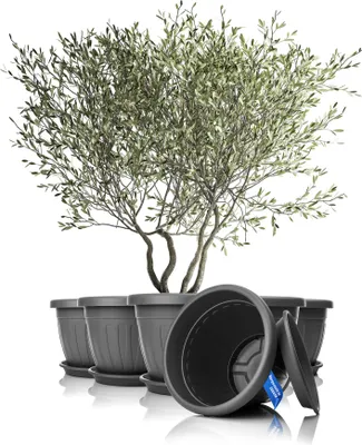 Produktbild von BigDean 6X Blumentopf mit Untersetzer rund ø50xH38 cm anthrazit - wetterfester Pflanzkübel - Wasserablauf UV-beständig aus bruchsicherem Kunststoff