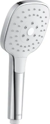 A studio shot of a modern hand-held shower head.