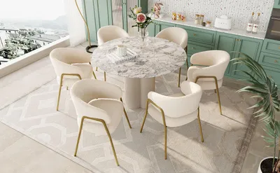Productafbeelding van Witte eetkamerstoel. Moderne stoel bekleed met lamswol, met spuitgoud afwerking in goud (6 stuks). Eetkamerstoel met gouden poten, wit