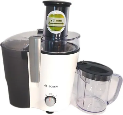 A white and black Bosch juicer with a clear juice jug is shown against a white background.
