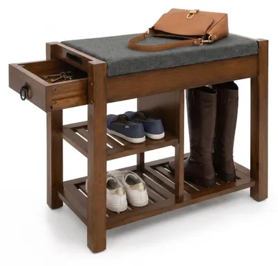 Produktbild von Bambus Sitzbank mit Schubkasten, 3 Ablagefläche & Sitzkissene Schuhbank, Flurbank & Garderobenbank Espresso 55,5 cm