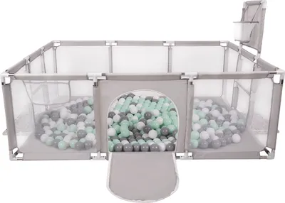 Produktbild von Selonis laufstall baby großer spielplatz mit 100 bälle bälle laufgitter für kinder, grau: weiß/grau/minze