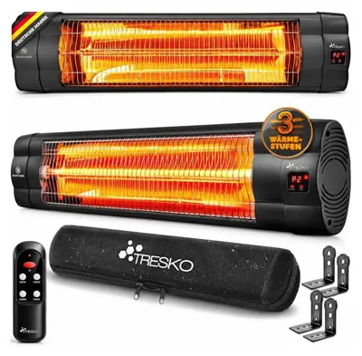 Image de TRESKO Radiateur infrarouge 2500W noir avec télécommande, minuterie & couvercle | Chauffage radiant terrasse électrique avec 3 niveaux de chauffage | Radiateur terrasse intérieur & extérieur | Radiateur infrarouge mural avec affichage LED Radiateur quartz table à langer