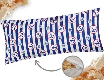 A nautical-themed pillow with anchors and stripes, shown with a close-up of its filling.