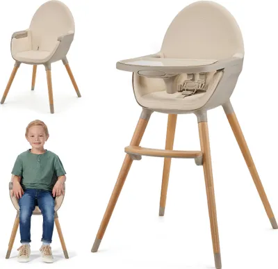 A collage of a baby high chair and a child sitting in a similar chair.