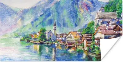 Produktbild von MuchoWow® Poster Gemälde - Ölfarbe - Haus - Berge - Wasser 120x60 cm - Bild