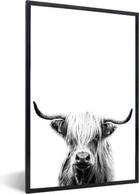 Produktbild von MuchoWow® Gerahmtes Poster Schottischer Highlander auf weißem Hintergrund - schwarz und weiß 60x90 cm - Poster mit Schwarzem Bilderrahmen Wandposter Rahmen Foto Bilder - Kunst