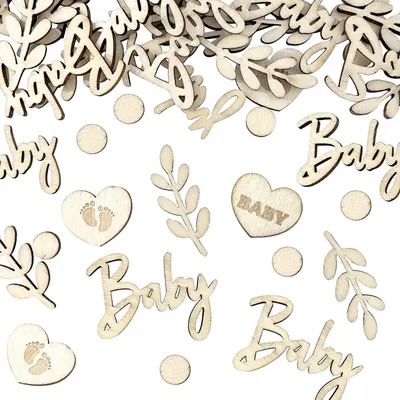 Imagen del producto de Confeti de madera para decoración de mesas, 60 unidades, color neutro, ideal para fiestas de bebé, tanto para niños como para niñas