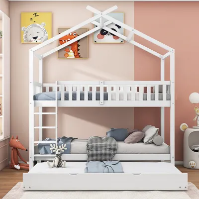 Produktbild von MODFU Etagenbett Kinderbett 90x200cm mit Auszieharbett 90x190cm, Hochbett mit Rausfallschutz, Massivholzbett Stockbett Hausbett mit Lattenrost, Jugendbett Bettgestell(drei Betten), Weiß
