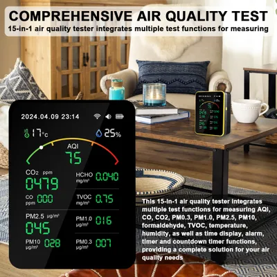 Zdjęcie produktu dla Tuya WiFi15w1 Detektor jakości powietrza Przenośny domowy AQI PM0.3 PM1.0 PM2.5 PM10 CO CO2 TVOC HCHO Tester Wyświetlacz TFT Wielofunkcyjny miernik temperatury i wilgotności Wszechstronny zegar z funkcją alarmu