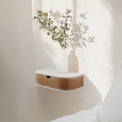 Produktbild von Kleine Hängendes Wandregal mit Schublade, abgerundete Ecken Design, Weiß, Eiche