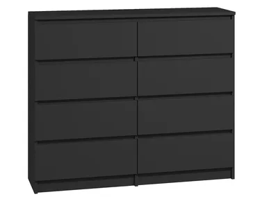 A black, eight-drawer dresser against a white background.