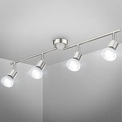 Image de Plafonnier 4 spots pivotants & orientables, inclus 4 ampoules LED 5W GU10, barre spots plafond salon salle à manger cuisine couloir, lumière blanche neutre