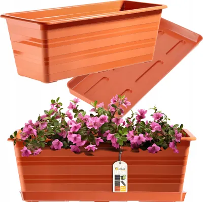 Produktbild von KADAX Blumenkasten mit Untersetzer "Cati", aus Kunststoff, Blumentopf für Balkon, Terrasse, Fensterbank, 40 cm, Terracotta
