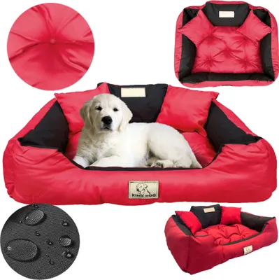 A collage of images showing a red and black dog bed with a golden retriever puppy inside, close-ups of the bed's material, and a smaller view of the bed.