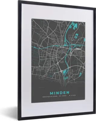 Produktbild von MuchoWow® Gerahmtes Poster Stadtplan - Karte - Minden - Blau - Deutschland - Karte 30x40 cm - Poster mit Schwarzem Bilderrahmen Wandposter Rahmen Foto Bilder - Wandposter Schlafzimmer