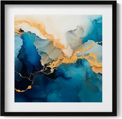 Produktbild von Flüssige Abstraktion mit Gold– Wandbild mit Rahmen – Gerahmtes Bild  – Wanddekoration – 50x50 cm –  Schwarz Rahmen
