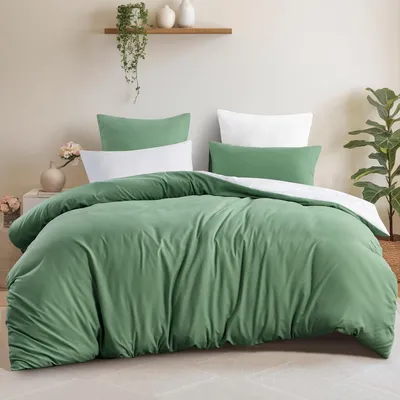 Produktbild von Bettwäsche Set 200x220cm Grün Weiß Mikrofaser 3tlg Wendebettwäsche