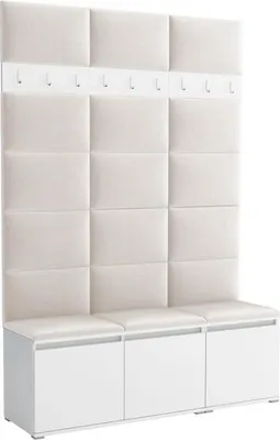 Produktbild von Garderoben-Set Noris III, gepolsterte Garderobe mit Sitzbank, Flurmöbel mit Wandpaneelen, Haken und Stauraum (Farbe: Weiß + Trinity 01)