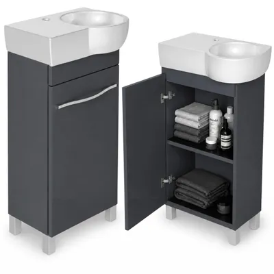 Produktbild von Paplinskimoebel Waschtischunterschrank Burgos 50 cm mit Waschbecken Cersanit Graphit – Badezimmermöbel stehend, schmal SLIM, Softclose, kleine Bäder