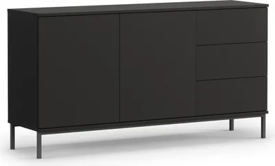 A dark gray sideboard with two doors and three drawers, standing on thin metal legs.