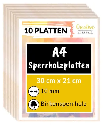 Produktbild von Creative Deco 10 x A4 Sperrholzplatte 10mm | 300 x 210 (+/- 0,5) mm | Birkensperrholz Dünne Holz-Zuschnitte für Laubsäge, Brandmalerei, Laserschnitt, CNC
