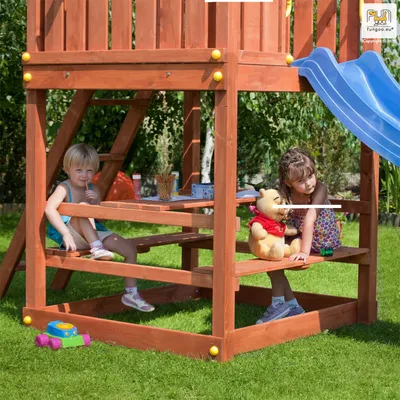 Produktbild von Fungoo Spielturm Anbauteil Modul Free time: Picknicktisch mit Bänken aus Fichtenholz als Einbau für Gartenspielhaus JOY und My Space XL, LxB: 120 x 120 cm; 01285