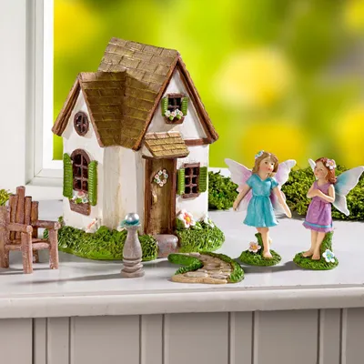 Produktbild von 6tlg. Elfen Garten Handbemalt Solar Elfenhaus Elfe Fee Gartendeko Gartenfigur Elfenfigur Feengarten Feenhaus