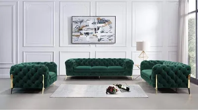 Produktbild von S-STYLE MÖBEL - Chesterfield Polstergarnitur 3+2+1 Nova mit Goldene Metall Füßen aus Flasche Grün Samtstoff, B/T/H: 3er - 243 cm/ 100 cm/ 75 cm