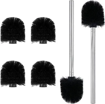 Produktbild von Toilettenbürste – 2 Stück – Edelstahl – 4 Ersatzbürstenköpfe – 8 cm Durchmesser – 360° Reinigung – Set mit Handgriffen – WC-Bürste