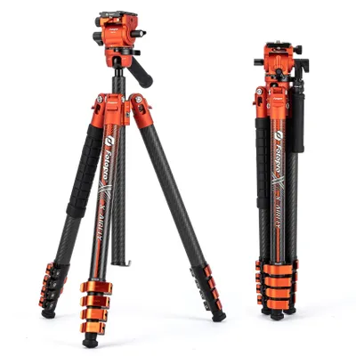 Produktbild von Fotopro X-Airfly Carbon Videostativ 1,3 kg, kompakt & tragbar, mit Fluid- & Panorama-Kugelkopf, für DSLR, max. Traglast 15 kg, Farbe Orange