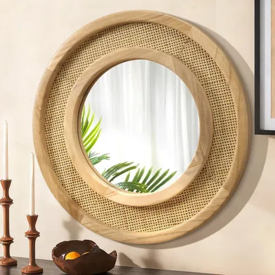 Obrázek produktu pro Kulaté dřevěné nástěnné zrcadlo 50 cm s ratanovým rámem