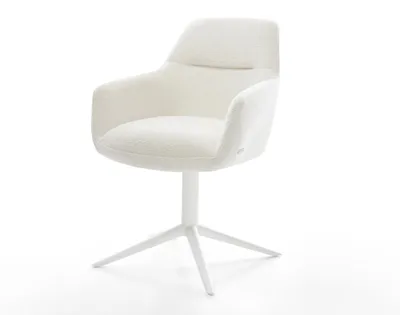Produktbild von DELIFE Drehstuhl Pejo-Flex Bouclé Soft Beige Fußkreuz Weiß 360° drehbar Wippfunktion Taschenfederkern