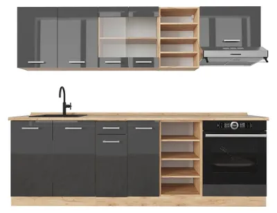 Produktbild von Küchenzeile Vicco R-Line Anthrazit Hochglanz/Goldkraft Eiche 240 cm ohne Arbeitsplatte, Model 37683