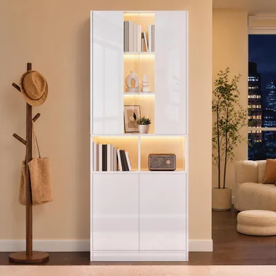 Produktbild von Merax Hochschrank mit LED Beleuchtung, App steuerbar, Acryl Sichtfenster, Doppeltüren, verstellbarer Einlegeboden, Stauraumschrank Flur, Weiß