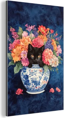 Produktbild von MuchoWow Wanddekoration Metall Metallbild Wandkunst 80x120 cm Katze - Bunte Blumen - Vase MuchoWow Aluminium Gemälde - Bilder